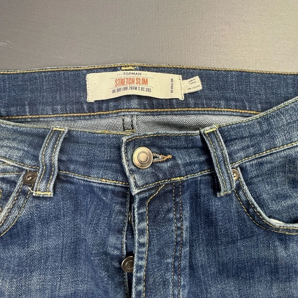 Topman Men's 33x32 Blue Slim Jeans Stretch Denim Button Fly Cotton Blend Casual